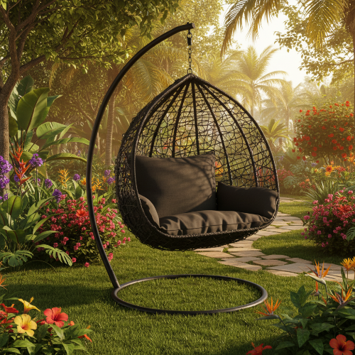 Black Wicker Swing Chair with Cushion