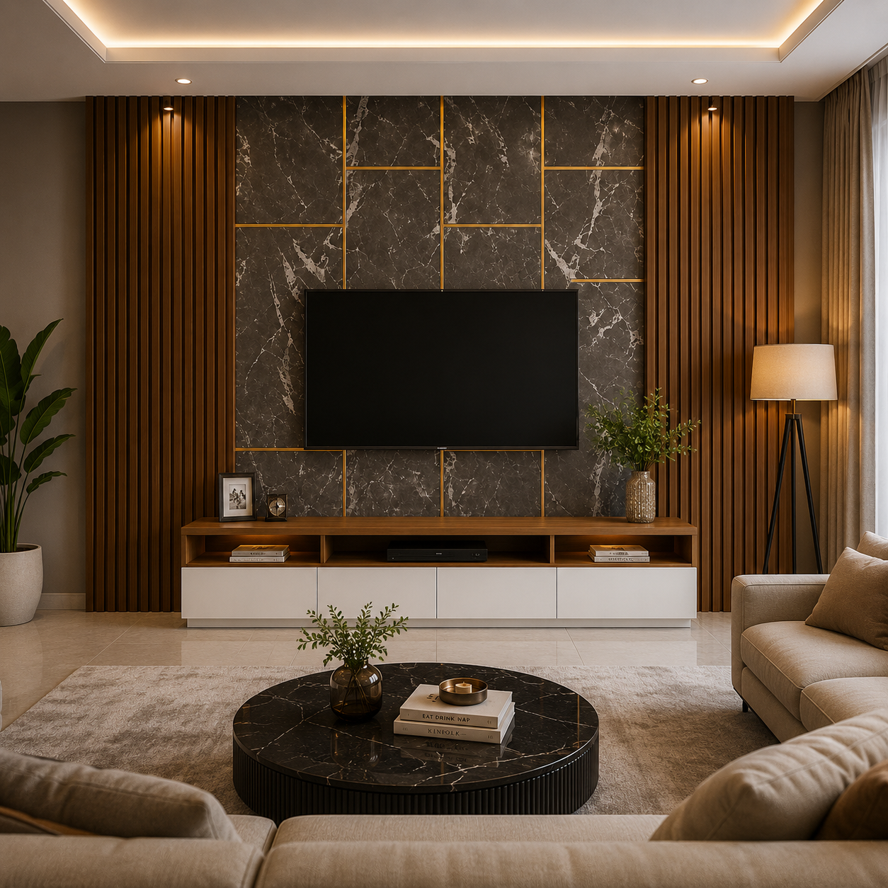 Elegant modern TV feature wall design with flute panel