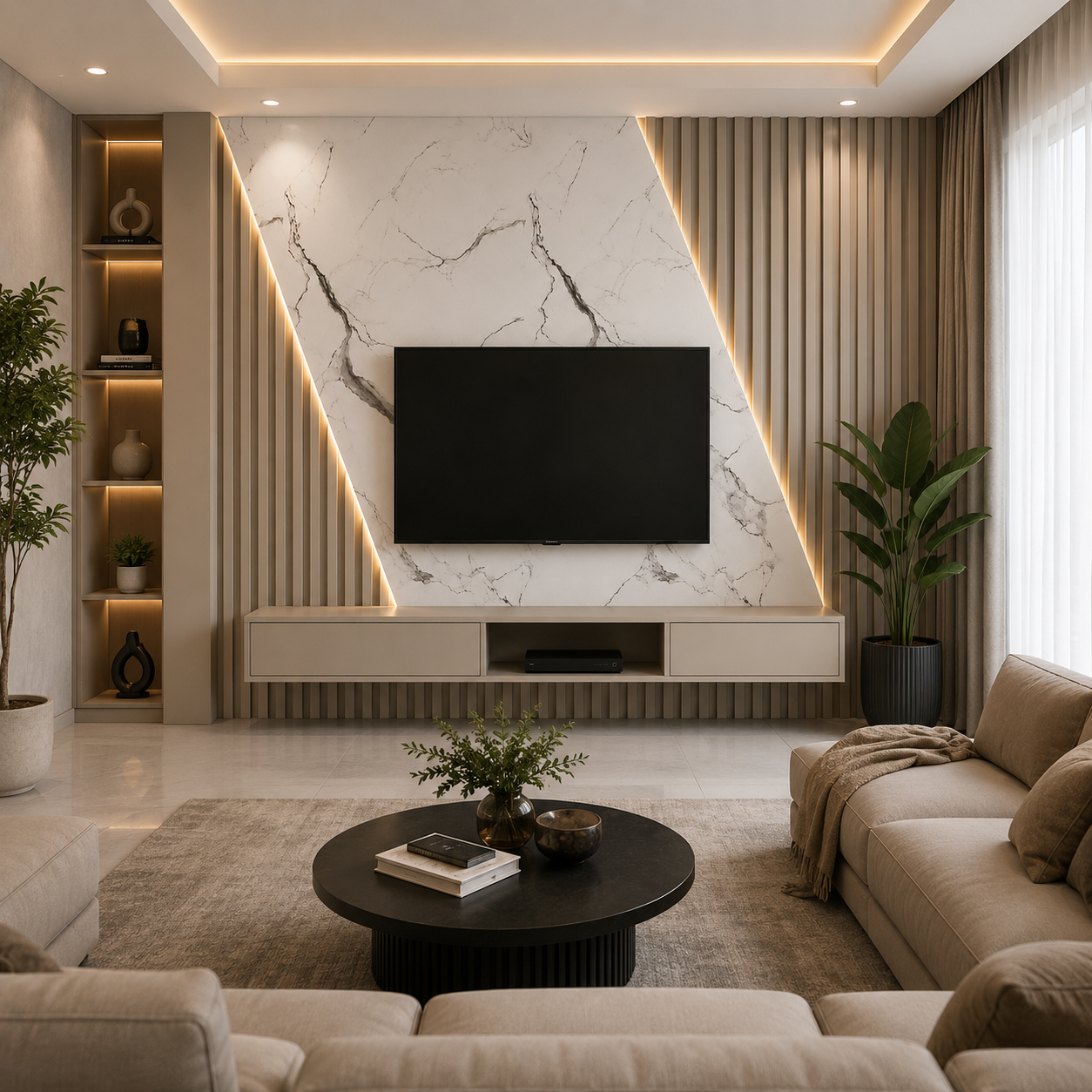 Minimalist TV wall with floating console with flute panel