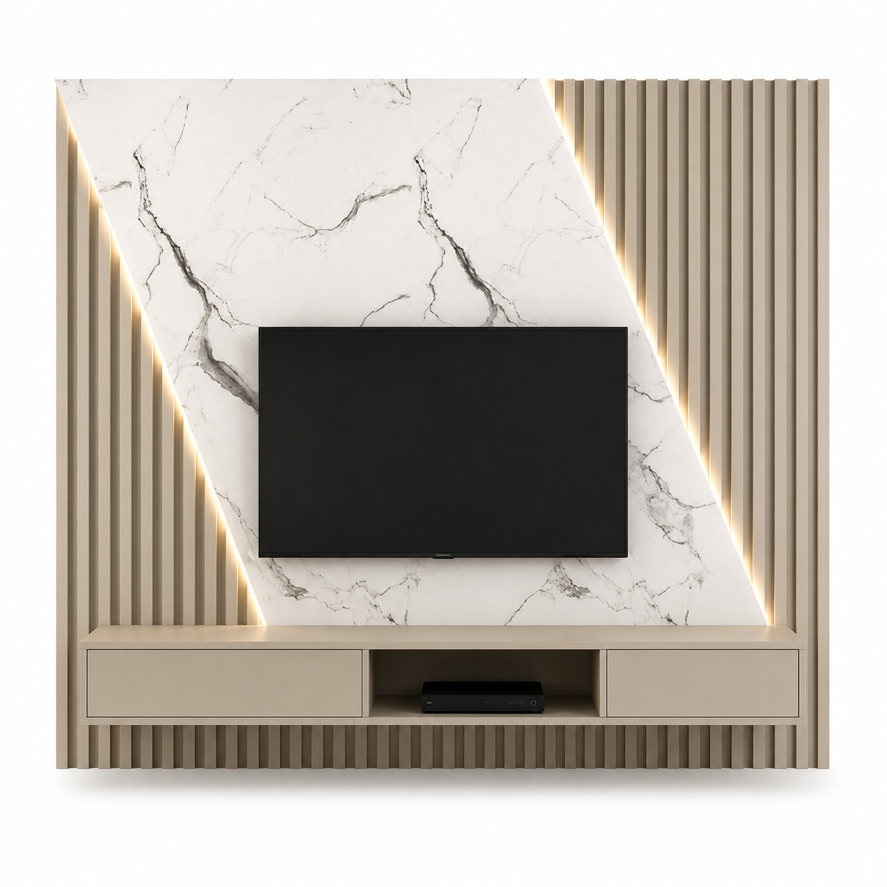Minimalist TV wall with floating console with flute panel
