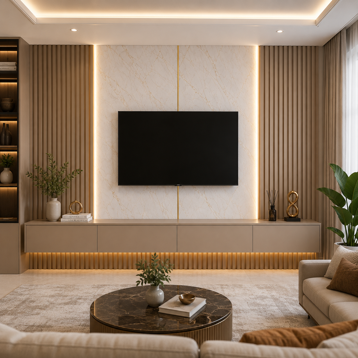 Minimalist modern TV unit flute panel wall
