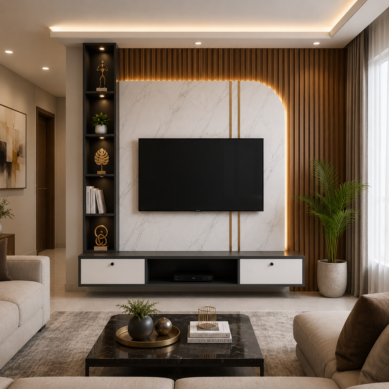 Modern luxury TV wall unit design with flute panel