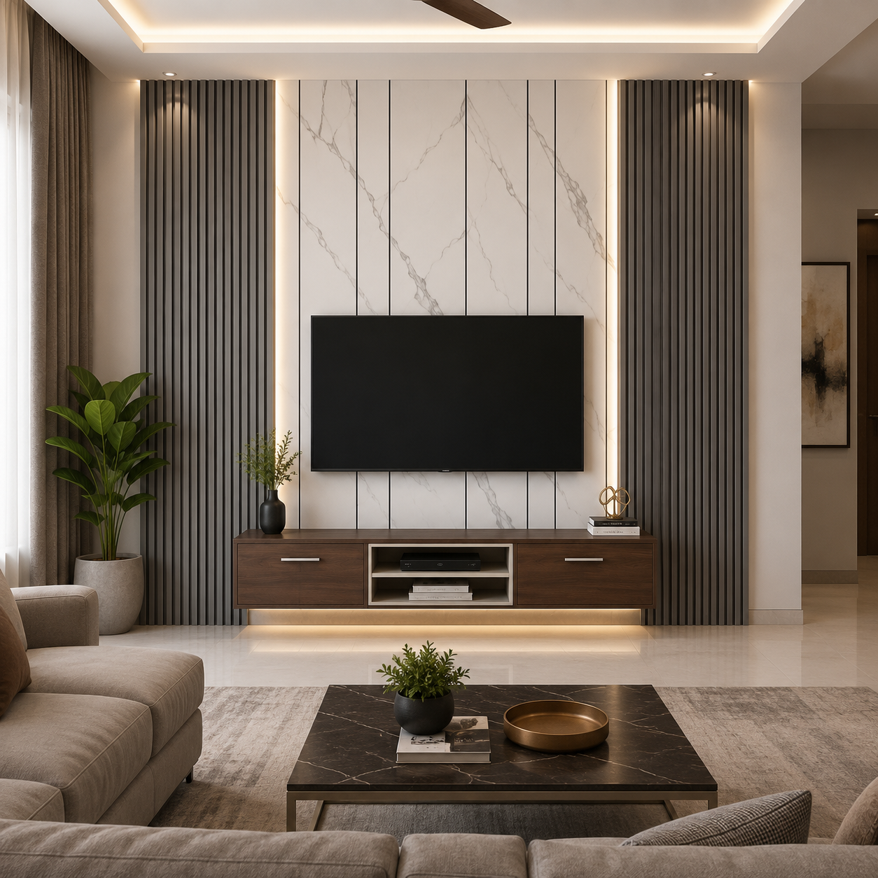 Modern sleek TV wall setup with flute panel