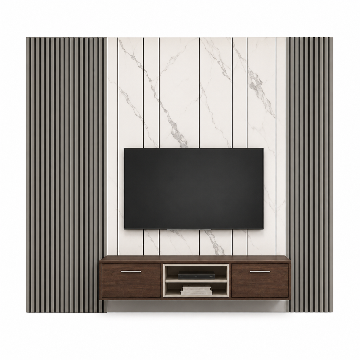 Modern sleek TV wall setup with flute panel