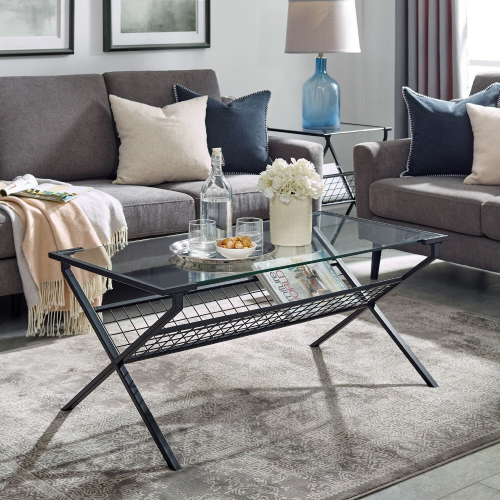 Walker Edison 42" Modern Metal & Glass Coffee Table With Magazine Holder - Black. Home Office Garden | HOG-HomeOfficeGarden | online marketplace