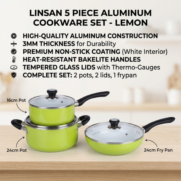 Linsan 5 Piece Aluminum Non-stick Cookware Set - Lemon