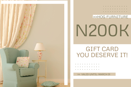 A graphic image of a N200K gift card from HOG Furniture, depicting a living room scene with furniture and a gift card balance overlay.