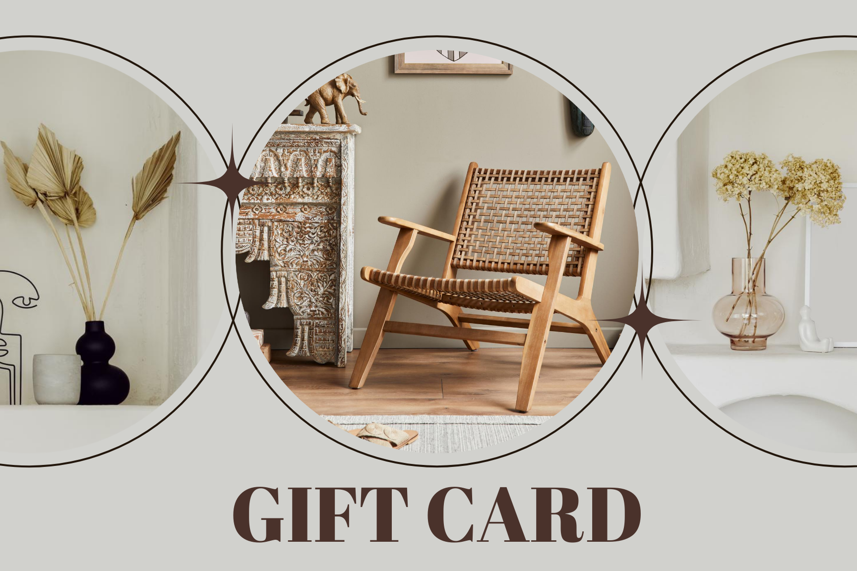 A gift card image featuring a cozy home setting with a wooden chair, decorative items, and a欢迎 (Welcome) sign in a circular layout.