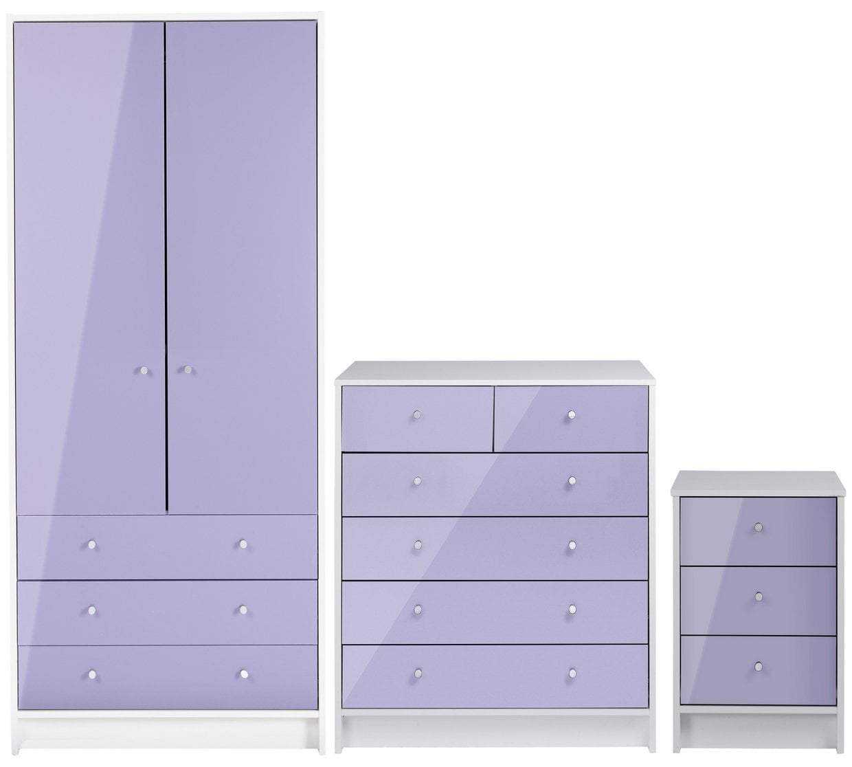 Home Kids New Malibu 3 Piece 2 Door Wardrobe Set-Lilac