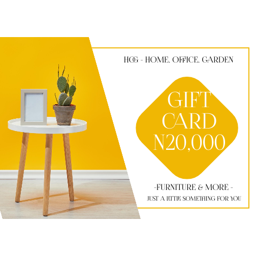 A gift card with a value of N20,000 from a company that sells furniture, depicted with a yellow background, a white table, and a plant.