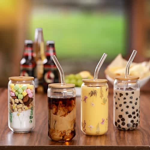 Mikasa Set of 4PC Glass Tumbers with Bamboo Lid and Straws - 18oz