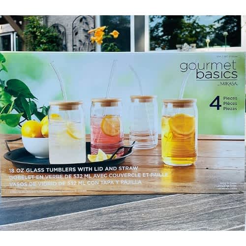 Mikasa Set of 4PC Glass Tumbers with Bamboo Lid and Straws - 18oz