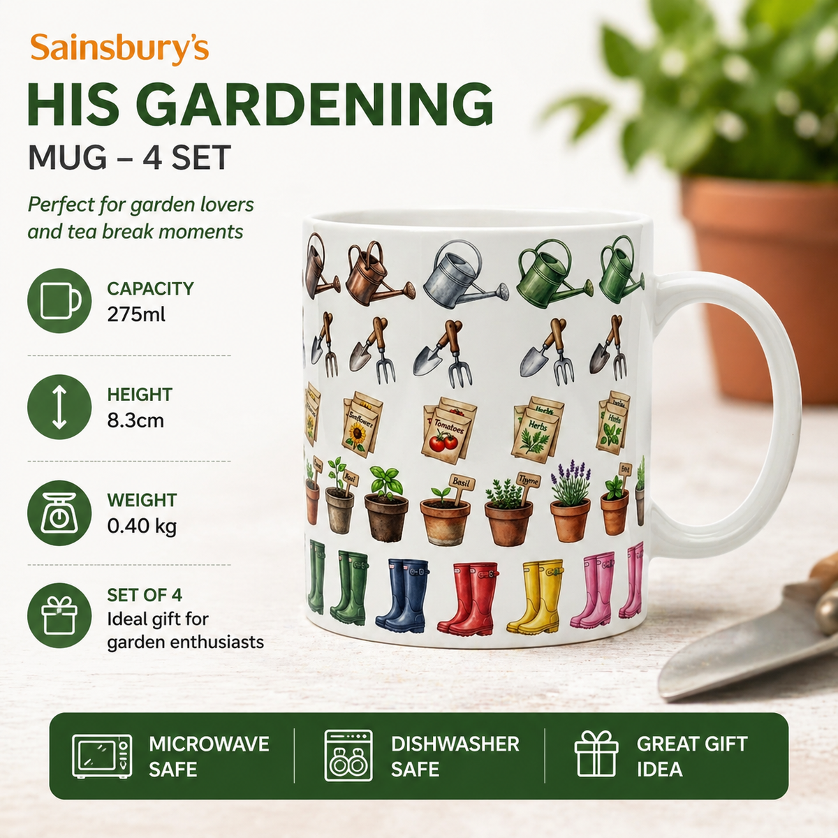 Sainsbury His Gardening Mug - 4 Set