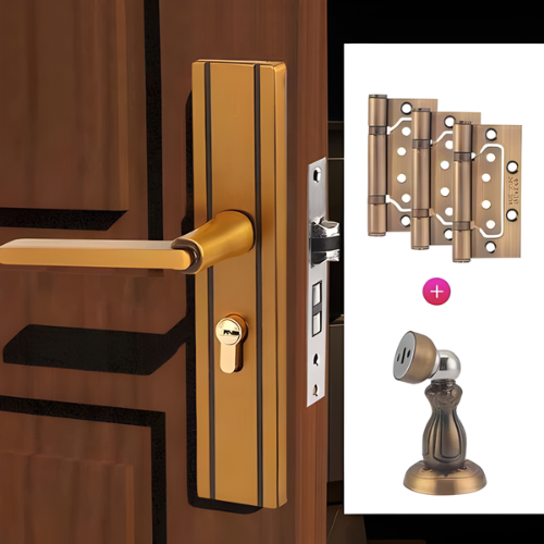 Indoor Lock Door Handle Lock Cylinders Room Door Handle With Lock With 3psc Hinges And Magnetic Door Stopper @HOG - Home, Office, Garden, Online Marketplace
