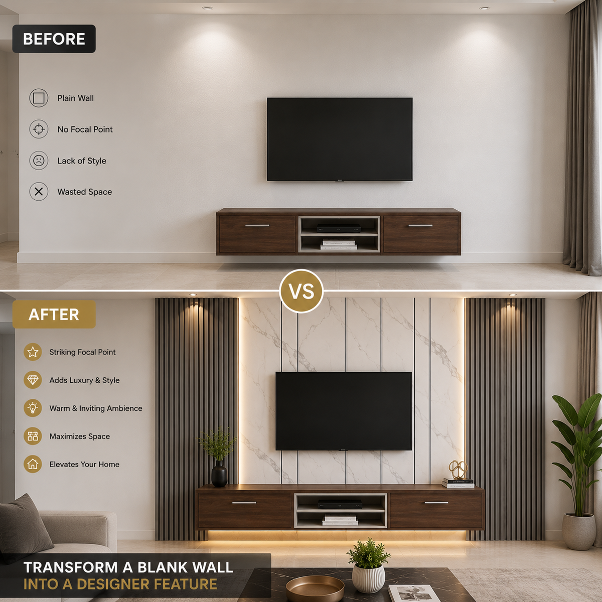Modern sleek TV wall setup with flute panel