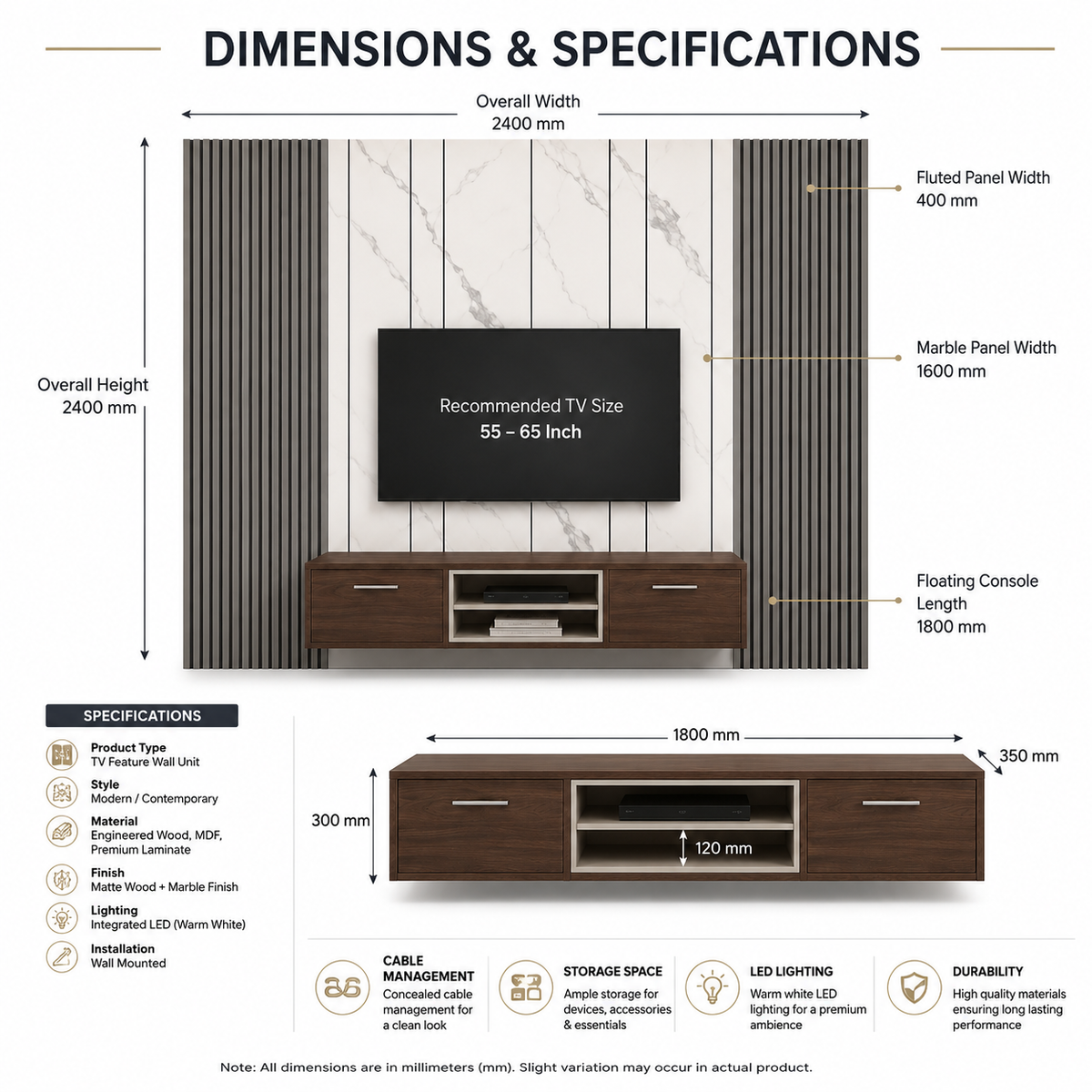Modern sleek TV wall setup with flute panel