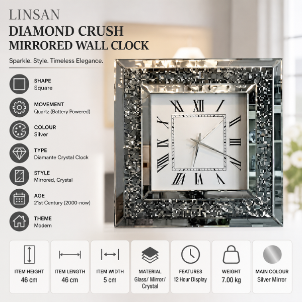 Linsan Diamond Crush Mirrored Wall Clock