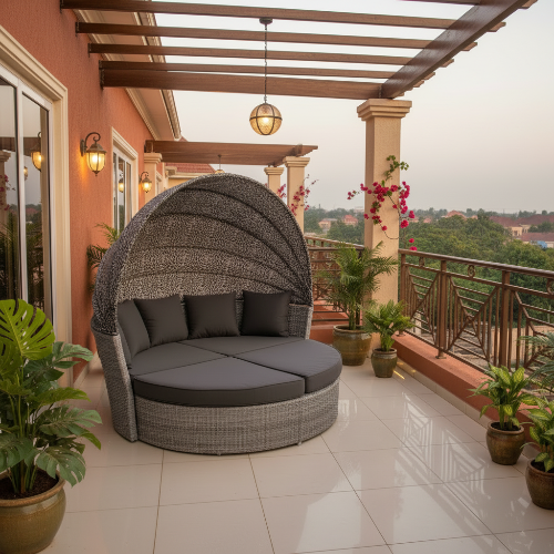 Rattan Sunbed Ita gbangba Furniture Pẹlu ibori 