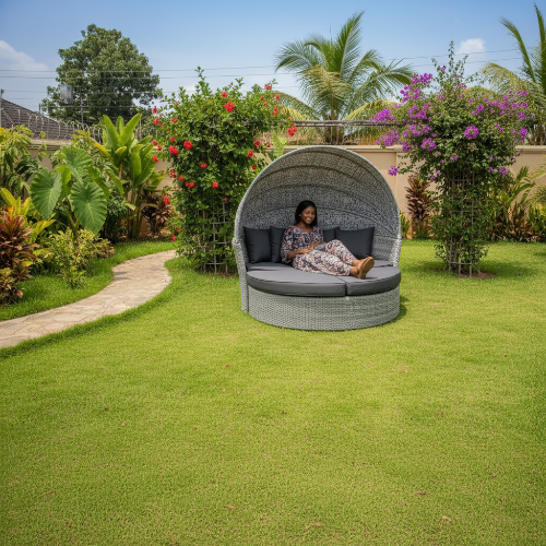 Rattan Sunbed Ita gbangba Furniture Pẹlu ibori 