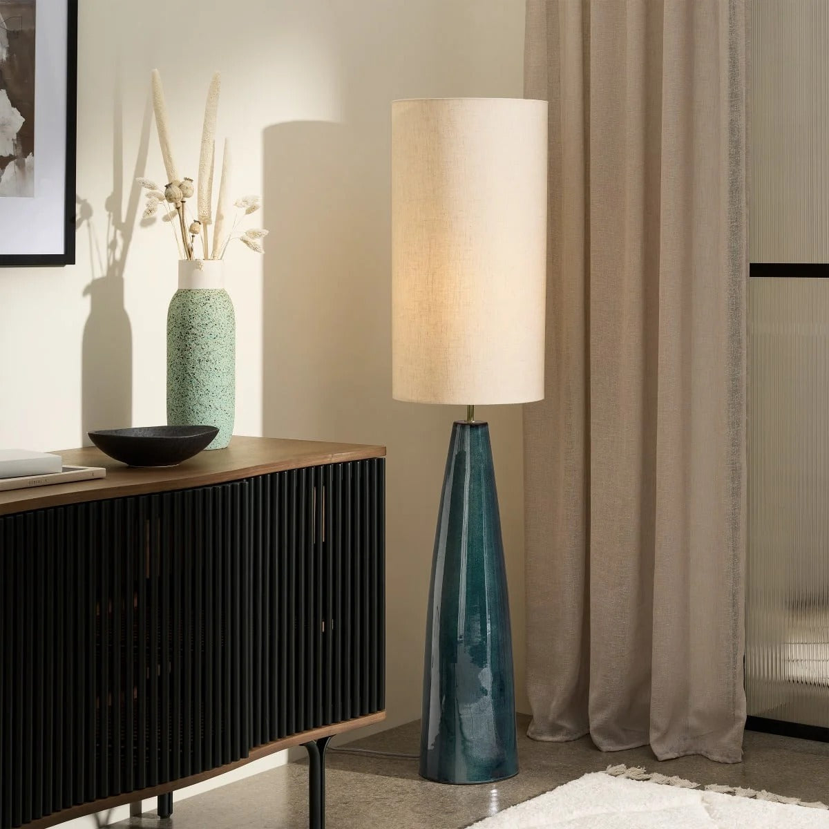 Vince Midi Floor Lamp, Blue Ceramic & Oatmeal Reactive Glaze