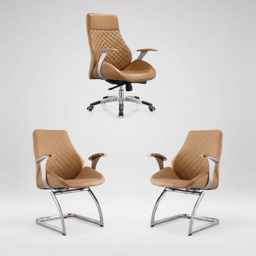 High Back Brown Leather Executive Swivel Office Chair with Arms & 2 Visitors Chairs @HOG - Home Office Garden Online Marketplace