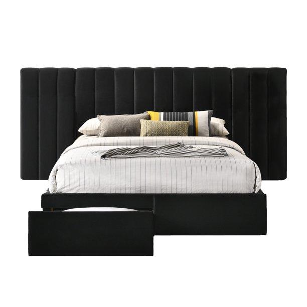 Velvet Bed Frame with Extra Wide Headboard and Storage Home Office Garden | HOG-HomeOfficeGarden | online marketplace